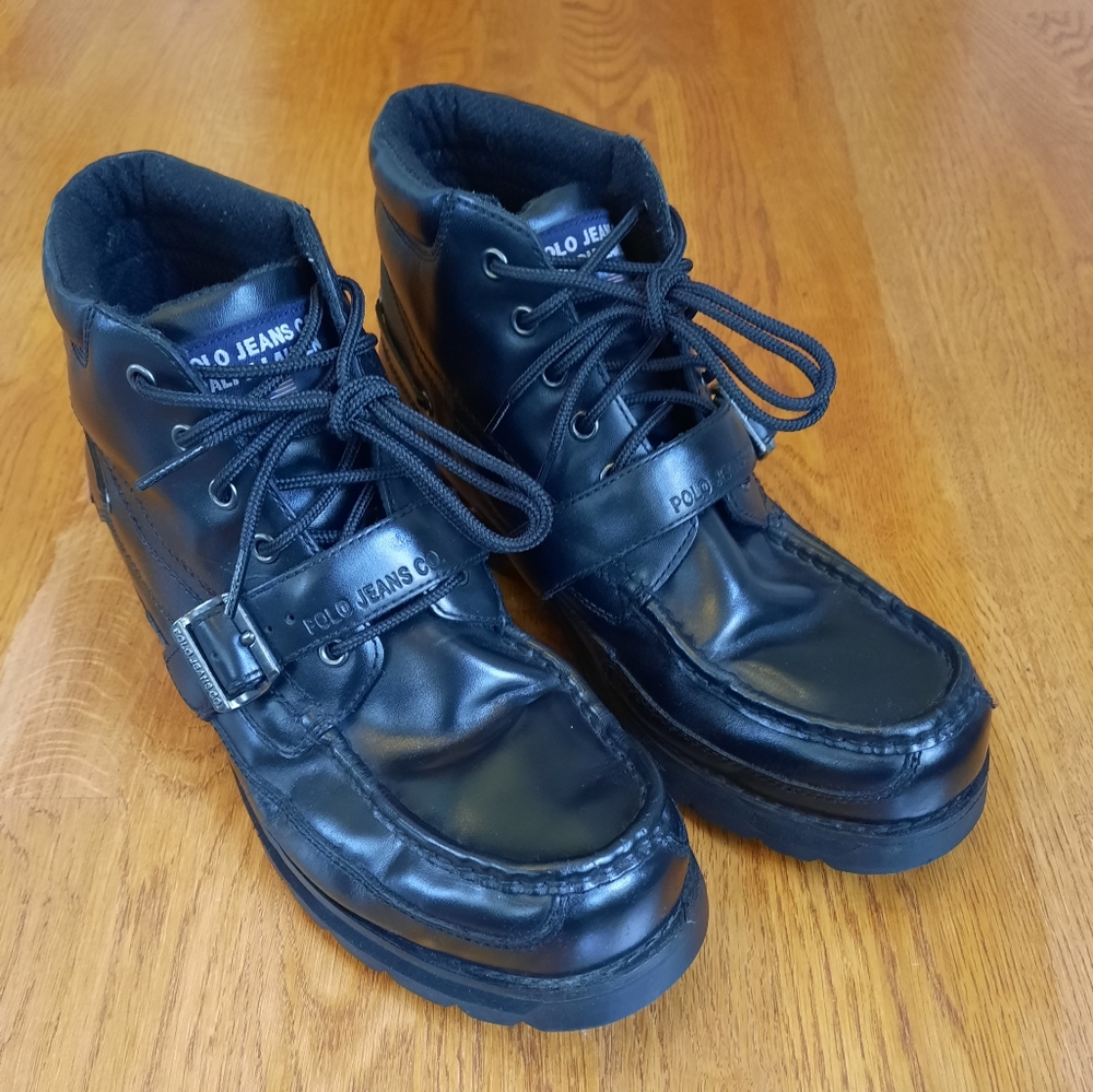 Ralph Lauren Polo Jeans Co. Mens Black Leather Biker Buckle Boots Size 11 D